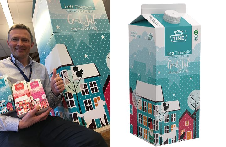 Direktør for kommunikasjon og bærekraft i TINE, Lars Galtung, med de nye julekartongene