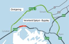 Vår-høst 2023: På E18 mellom Sjølystlokket og Bygdøylokket blir det redusert fremkommelighet og nedsatt hastighet i forbindelse med tunneloppgradering.