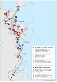 Kart: Gjenstående prosjekter og tiltak i Vegpakke Harstad (Statens vegvesen)