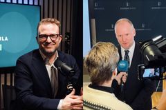 Fra venstre: Sjef for kommunikasjon og politikk Erik Lundesgaard i Boligbobla Studio og administrerende direktør Henning Lauridsen på pressekonferanse.