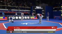Ordemann (i rødt) etter kvartfinaleseieren over Jordan. Foto: Skjermdump fra World Taekwondo / YouTube