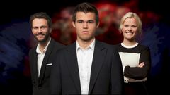 Magnus Carlsen spiller mot hele Norge i et underholdningsshow ledet av Kåre Magnus Bergh og Ingrid Gjessing Linhave. (Foto: Julia Naglestad / NRK)