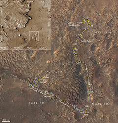 Her kan du se ruten til Perseverance. Tallene viser antall Mars-døgn etter landing. Det var rundt dag 200, på vei inn i området som heter Séitah, at Rimfax har observert at bergartene tipper nedover. Illustrasjon: Hamran mfl.
