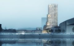 Nordisk lys Oslo S fra vannet. Illustrasjon: Reiulf Ramstad Arkitekter og C F Møller