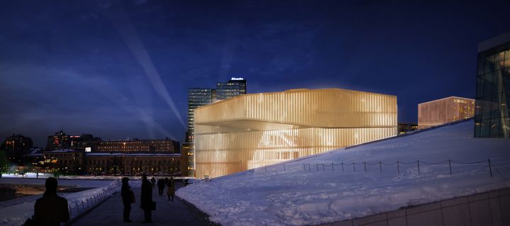 Oslos ordfører og byrådsleder legger ned grunnsteinen for Nye Deichmanske hovedbibliotek sammen med barn fra Oslo, fredag 3. februar. Illustrasjon Lund Hagem/ Atelier Oslo / Kultur- og idrettsbygg Oslo KF