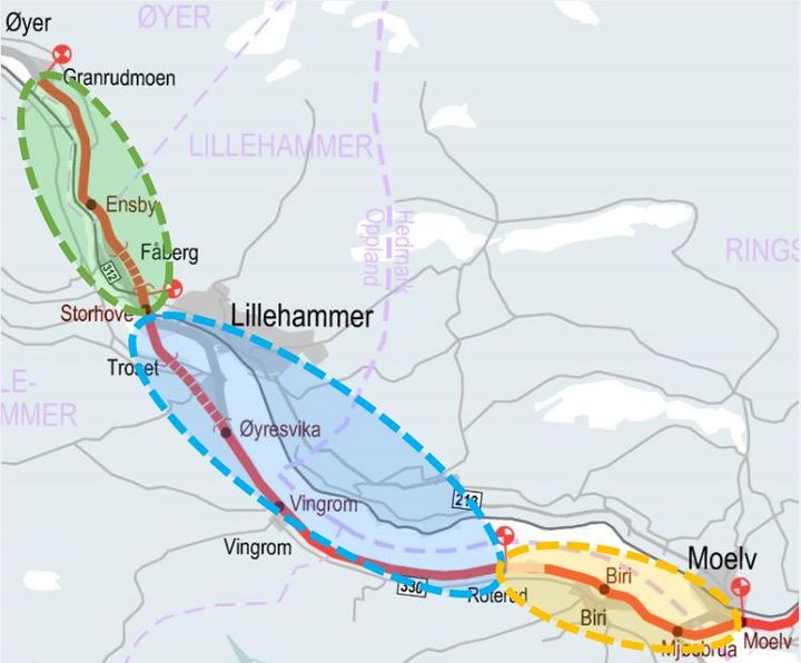 Nye Veier har delt prosjektet i tre kontrakter; Moelv – Roterud, Roterud – Storhove og Storhove Øyer.