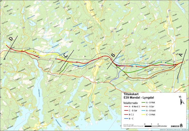Illustrasjonen viser planområdet oppdatert med veialternativ A-B Nord 2 og B-C 2.