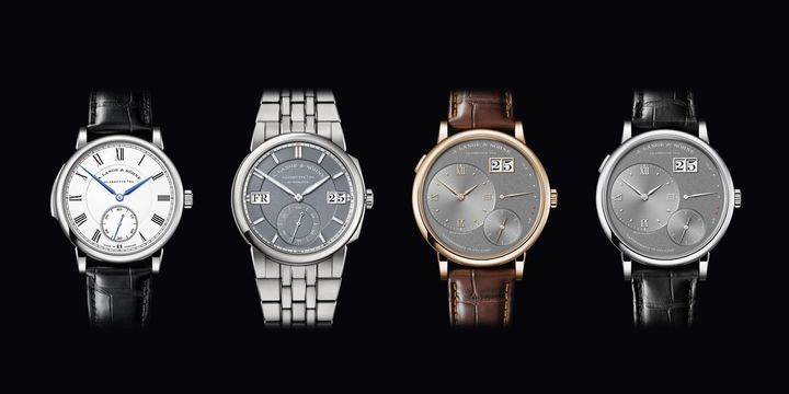 A. Lange & Söhne novelties to be presented at the trade fair, from left to right: RICHARD LANGE MINUTE REPEATER, ODYSSEUS and GRAND LANGE 1 with two case variations. Credit: Lange Uhren / GmbH