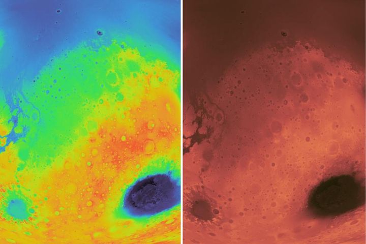 Begge bildene viser samme utsnitt av topografien på Mars. Til venstre med et fargekart basert på regnbuen, til høyre med et vitenskapelig fargekart. Alle illustrasjoner: Fabio Crameri/UiO