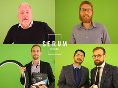 Vinnerne av Serum Gründer, Mohammad Rizvi og Kim Ulvin i Dermatolog.no, er nederst til høyre i bildet. De konkurrerte mot bedriftene Abcshelter, Technicum og Tooler. Foto: Serum