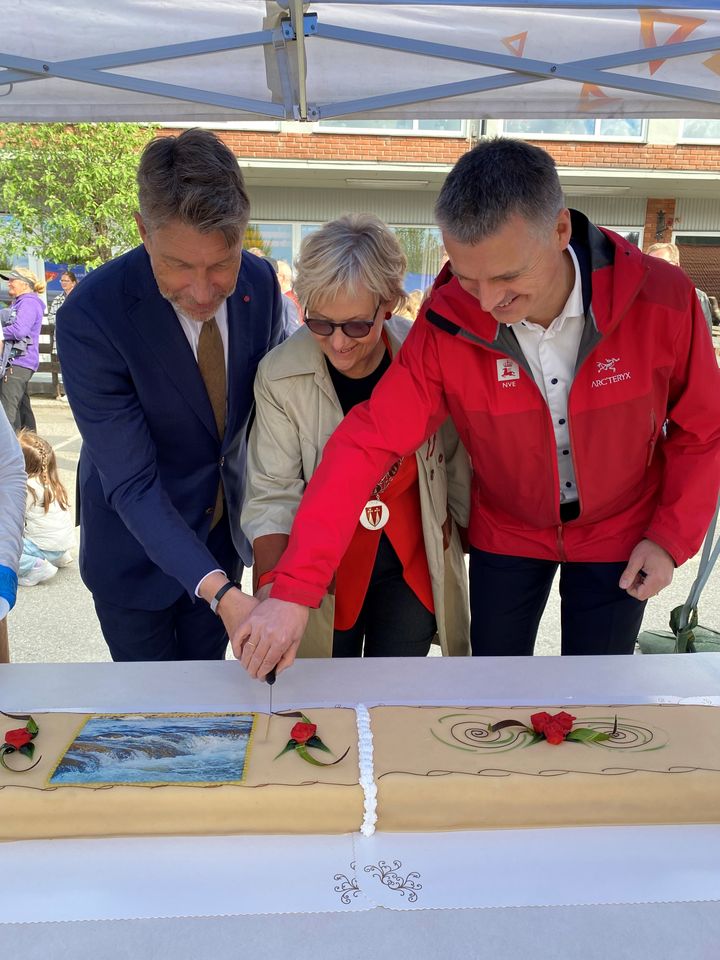Olje- og energiminister Terje Aasland, ordfører i Gran kommune Randi Eek Thorsen, og vassdrags- og energidirektør Kjetil Lund åpnet kakefesten i Brandbu sentrum. Kaken var hele 13,8 meter lang.