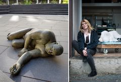 Christine Aspelund. Bronseskulpturen Lying low/male nude (2012) er plassert utenfor OsloMet. Til høyre kunstneren selv - i døråpningen til sitt atelier på Tøyen. Foto: Trond A. Isaksen og Skjalg Bøhmer Vold/KORO.