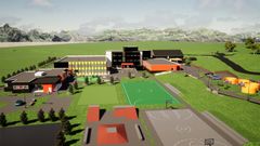 Skolen består i dag av fire bygg, hvorav ett skal rives og erstattes med et nybygg på tre etasjer pluss kjeller. Illustrasjon: UNO design & arkitektur as