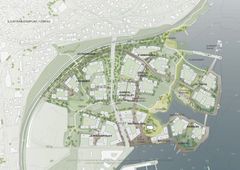 I salg fra 2021: Illustrasjon av området som nå skal utvikles.
Boliger ved skråtårnet kommer for salg allerede i 2021.