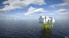 VELGER NORSK: Aibel skal bygge to omformerplattformer til verdens største havvindpark Doggerbank. Kontrakten med Equinor og SSE innbefatter også en opsjon for en tredje platform til den samme havvindparken. Illustrasjon: Aibel AS