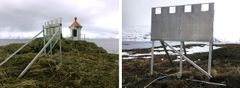 Frekke tjuver har stjålet solcellepanelet på fyrlykta Karken på Sørøya i Finnmark. Bare opphenget står igjen. Foto: Kystverket