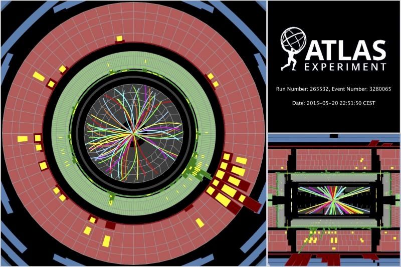 Protoner kolliderer ved 13 TeV og sender partikler gjennom ATLAS-detektoren.