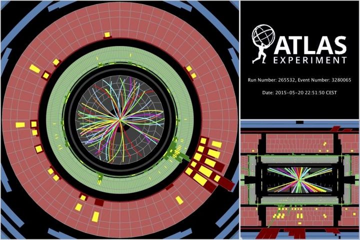 Protoner kolliderer ved 13 TeV og sender partikler gjennom ATLAS-detektoren.
