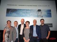 FOTO: Står samlet for fremtidsrettet offentlig-privat innovasjonssamarbeid i Trøndelag: Fra venstre: Vigdis Harsvik (direktør Innovasjon Norge Trøndelag), Bård Eidet (daglig leder Trondheimsregionen), Tord Lien (regiondirektør NHO Trøndelag), Trude Nøst (direktør for plan og næring i nye Trøndelag fylkeskommune), Bård Benum (CEO Powel) og Gøran van der Burgt (medgründer Mode Sensors AS). (Foto: Innovasjon Norge)