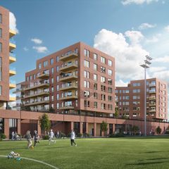 Prosjektet Rolvsrud Arena består av 300 leiligheter fordelt på fem leilighetsbygg, med næringsarealer og underliggende parkeringskjeller. Ill. Eve Images.