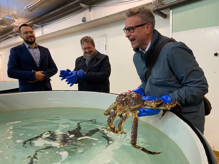 Fiskeri- og sjømatminister Odd Emil Ingebrigtsen i Bugøynes sammen med Norway King Crab-sjef Svein Ruud og forskningssjef Roman Vasilyev.
