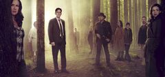 Fra venstre: Juliette Lewis, Melissa Leo, Matt Dillon, Tim Griffin, Toby Jones, Terrence Howard, Shannyn Sossamon, Charlie Tahan, Reed Diamond og Carla Gugino. "Wayward Pines" har global premiere 14. mai 2015 på FOX.