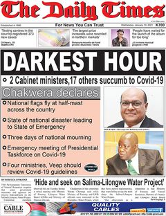 Slik ser forsiden av The Daily Times, en av Malawis aviser ut i dag. Faksimile: The Daily Times.