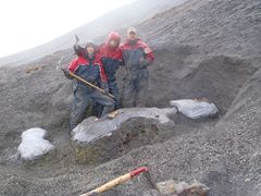 Fra utgravingen av Keilhauia nui på Svalbard. Fra venstre: Linn Novis, Bjørn Lund, Tommy Wensås. Foto: Spitsbergen Mesozoic Research Group.