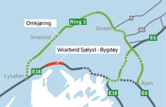 Anbefalt og skiltet omkjøring for E18 er Ring 3.