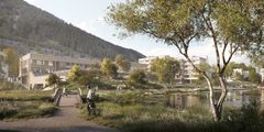 Slik ser overgangen mellom bebyggelse og grønne områder ut i Mindebyen, en ny bydel i Bergen. Den grønne bakken blir en akebakke om vinteren.
Illustrasjon: Henning Larsen og Rambøll