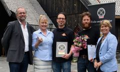 F.v: fylkesmann og jurymedlem Lars Sponheim, gründere Ægir Bryggeri Aud Melås og Evan Lewis, brygger Thomas Schöne og adm. dir. Matmerk Nina Sundqvist