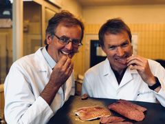 Fordi den er så lite bedervelig, er spekepølsen den perfekte sommermat, slår Nofima-forskerne Askild Holck (til venstre) og Even Heir fast. FOTO: TERJE RAFAELSEN ©NOFIMA