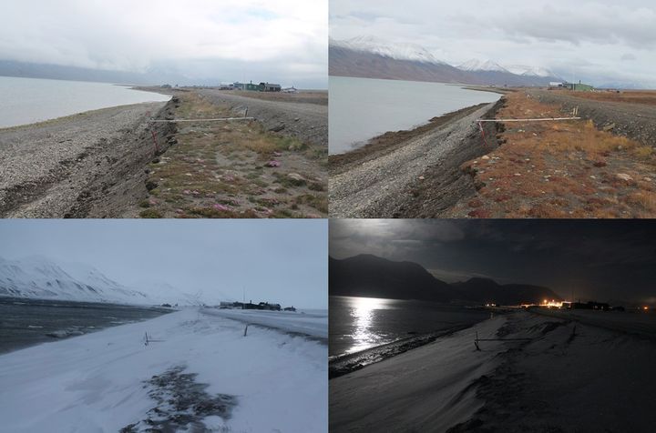 Eroderende skråning ved Vestpynten på Svalbard høst, vinter, vår og sommer (2014–15). Bildene er tatt for å avsløre prosesser som styrer erosjon av kysten på stedet. Foto: Emilie Guegan