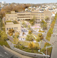 Illustrasjon av Os skole og idrettshall. Kilde: White Arkitekter AB.