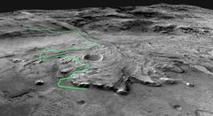 En av de mulige rutene Mars-roveren kan følge. Det vil ta to år å kjøre ruten. Underveis er den innom flere potensielt tidligere beboelige miljøer i elvedeltaet og kanten av det som trolig var en innsjø, før den fortsetter 600 høydemeter opp kraterkanten for å utforske slettene over. Illustrasjon: NASA/JPL-Caltech