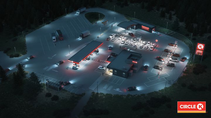 [Illustrasjon] Fremtidens energistasjon: Om noen uker vil Circle K på Kjerlingland ha en kombinasjon 26 hurtigladere for ulike typer elbiler, åtte fyllepunkter for personbiler og to fyllepunkter for lastebiler. På lengre sikt skal antallet hurtigladere øke til 50