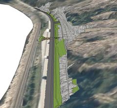 3D-modell av fjellskjæring, skredgrop og skredvoll. Sett fra øst mot vest. Illustrasjon: Statens vegvesen