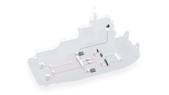 Konseptskisse av hydrogenbasert kraft- og fremdriftssystem, med drivstofftank nede til høyre og produksjon av strøm i brenselcellene koblet til blå rør.