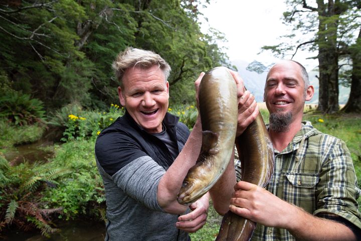 En fornøyd Gordon Ramsay som har fanget ål på New Zealand. «På eventyr med Gordon Ramsay» har premiere lørdag 10. august kl. 20.00 på National Geographic. (Foto: National Geographic)