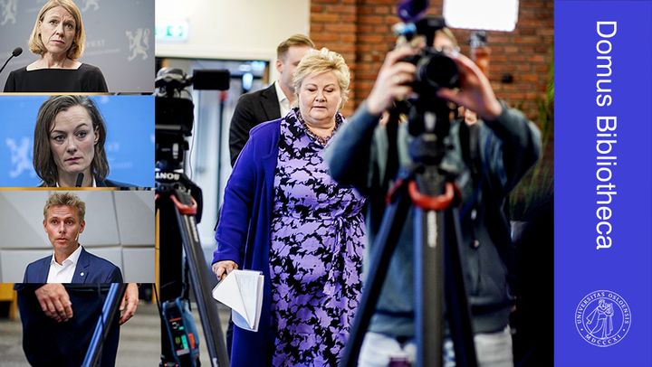 Bildet viser Erna Solberg under pressekonferansen i september om Finnes aksjekjøp, samt bilder av Anniken Huitfeldt, Anette Trettebergstuen og Ola Borten Moe. Copyright: NTB.