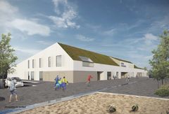 Flerbrukshuset skal ligge på Grorud i Oslo. Huset vil inneholde spilleflate for håndballhall, styrketreningssal, garderober, klubblokaler for Grorud IL og en barnehage med 8 baser. Illustrasjon: LINK arkitektur