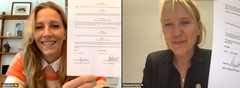 Nina Jensen og Margareth Hagen under signeringen. Screenshot av signering: UiB/REV Ocean