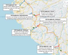Her foreslår Statens vegvesen at de nye infotavlene på E39 i Rogaland skal stå.