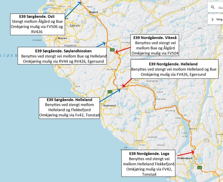 Her foreslår Statens vegvesen at de nye infotavlene på E39 i Rogaland skal stå.