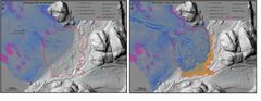 Kobling av sjø- og landdata, før og etter skredet. Kanten av skredet er vist med rød linje. Dybdekurver under vann er vist i blått. Forskjellen mellom de to bildene viser hvor mye masse som er fjernet i skredet og transportert ut på dypere vann. Det ligger fortsatt noe forstyrrede masser igjen i skredgropa. Figur: NGU