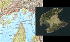 Venstre: kart over de indre delene av indre Oslofjord (Norgeskart.no) med Langøyene markert med sort firkant. Høyre: flyfoto av Langøyene fra 2016 (norgeibilder.no).