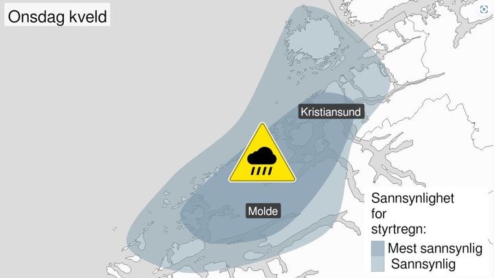 Styrtregnet er venta å treffe delar av Nordmøre og Romsdal. (Illustrasjon: Varsom.no)