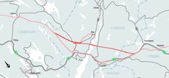 Kartet viser utsnitt av E39 fra Lyngdal vest til Flekkefjord, hvor Nye Veier ønsker å vurdere ny trasé over Fedafjorden i Kvinesdal kommune.