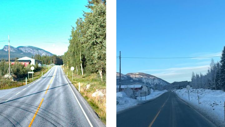 Rv. 7 ved Rotneim før og etter skogrydding. Foto: Statens vegvesen