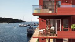 Sjøhusene på Smietangen ligger vendt mot sundet. Illustrasjon: Spir Arkitekter.